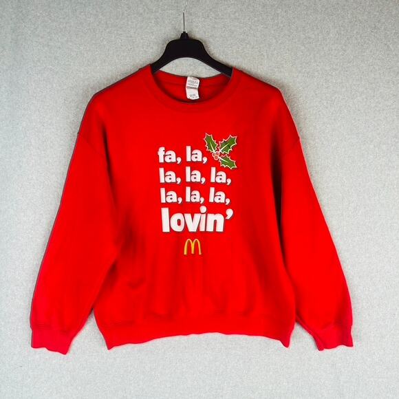 McDonald’s Unisex XL Sweatshirt Holiday Christmas Fa La La Lovin Red Mickey D’s - Picture 2 of 11